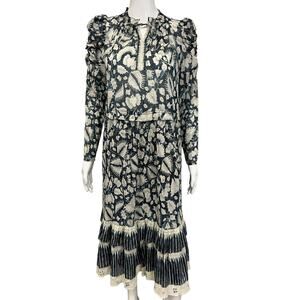 ULLA JOHNSON Blue Cotton Nadia Floral Print Long Sleeve Split Neck Midi Dress 2